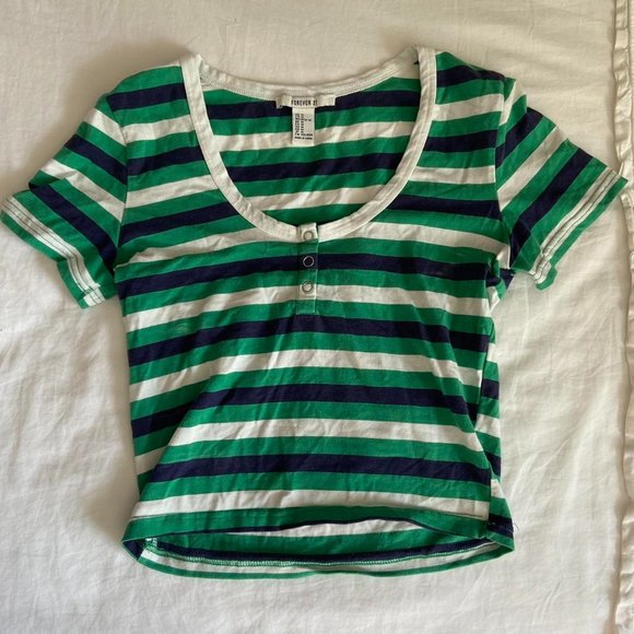 Forever 21 '80s Retro Green, Blue, White Striped Shirt - Picture 1 of 4